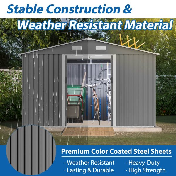 10X8 FT Outdoor Storage Shed, Metal Foundation & Lockable Doors, Tool Shed For Garden, Patio, Backyard, Lawn, Grey - Decindoor