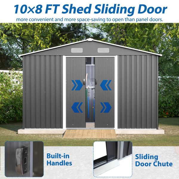 10X8 FT Outdoor Storage Shed, Metal Foundation & Lockable Doors, Tool Shed For Garden, Patio, Backyard, Lawn, Grey - Decindoor