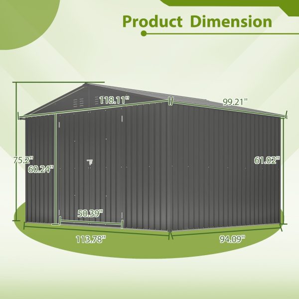 10X8 FT Outdoor Storage Shed, All Weather Metal Sheds With Lockable Doors, Tool Shed For Garden, Patio, Backyard, Lawn, Black - Decindoor
