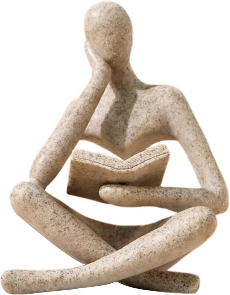 UTTCMK Reading Thinker Statue – Abstract Resin Book Lover Sculpture for Bookshelf, Office Desk, Coffee Table & Modern Home Décor, Beige